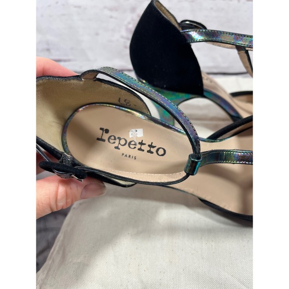 Repetto Paris T Strap Heels Iridescent‎ Black Suede Women's Size 7 - Picture 3 of 3